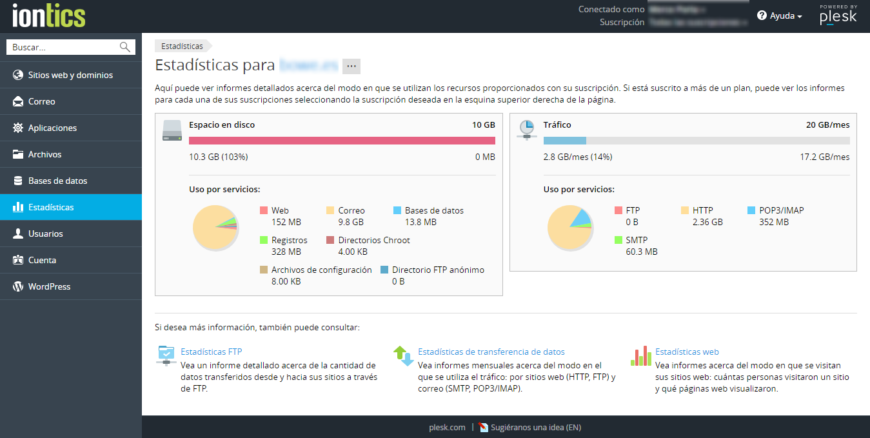 Estadisticas espacio utilizado hosting plesk