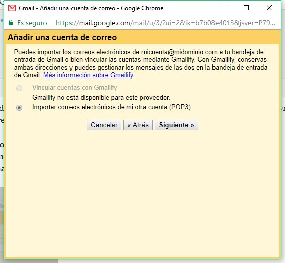 Añadir una cuenta de correo a Gmail - Paso 2