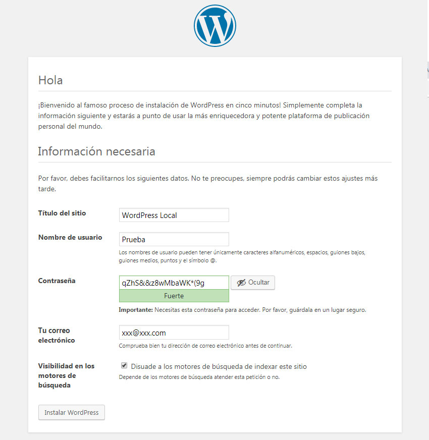 Pantalla de instalación de WordPress local