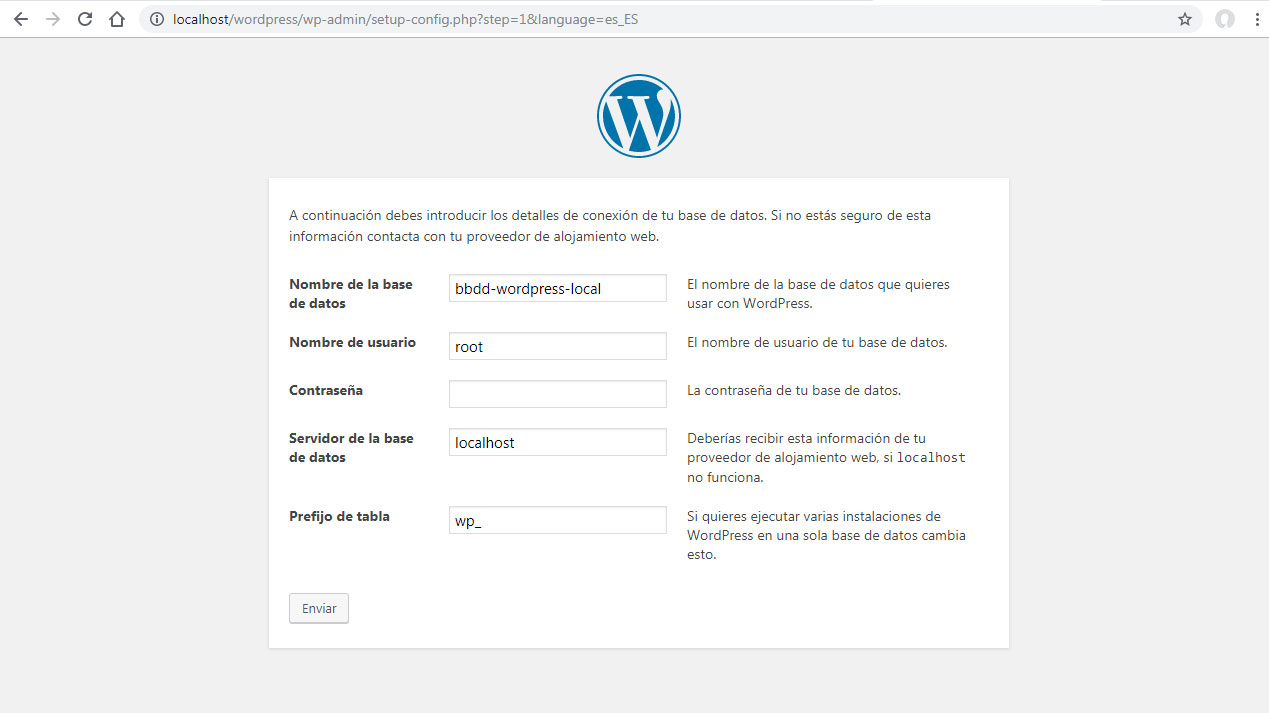 Configurar base de datos en WordPress Local