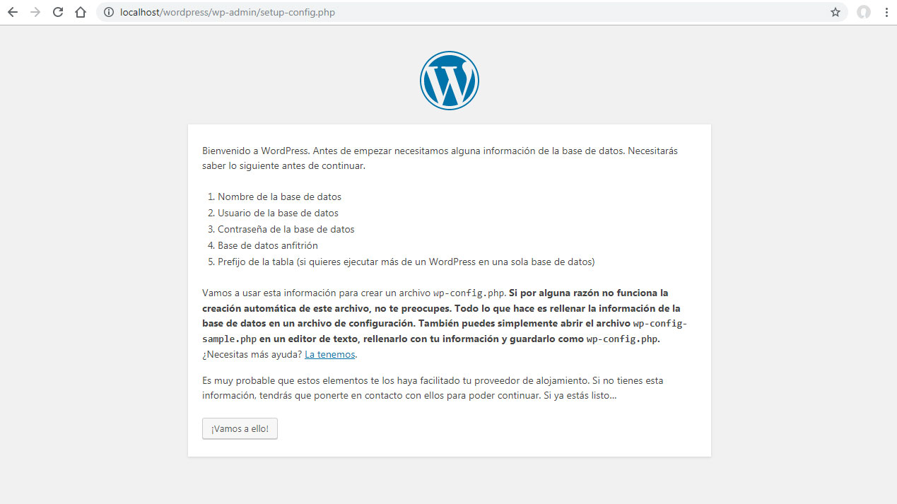 Pantalla principal de instalación local de WordPress