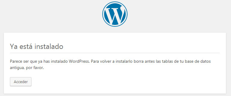 Pantalla de instalación local de WordPress