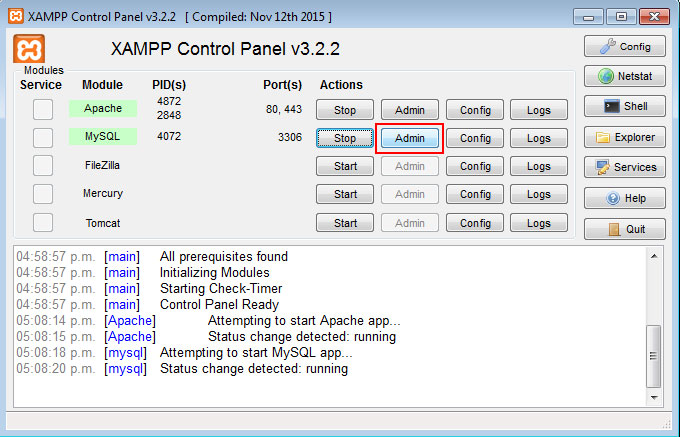 Panel de control XAMPP Admin MySQL