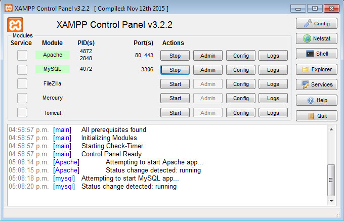 Panel de control XAMPP servicios corriendo