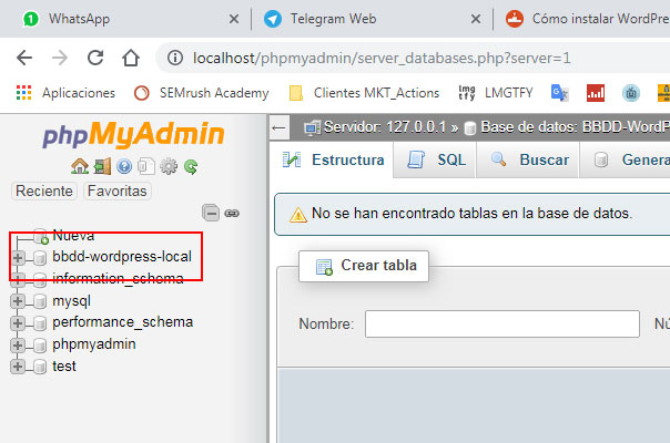 Verificar nueva BBDD phpMyAdmin