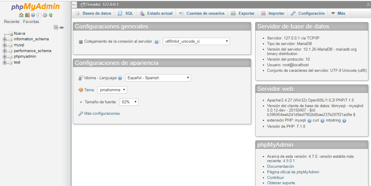 Panel de control phpMyAdmin