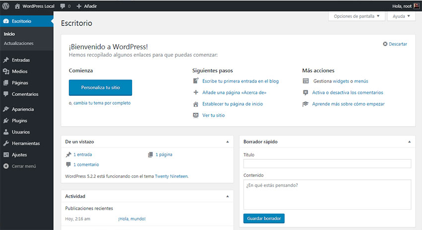 Menú administrador de WordPress local