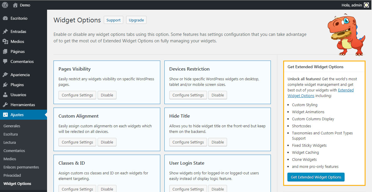 Menú de configuración de Widget Options